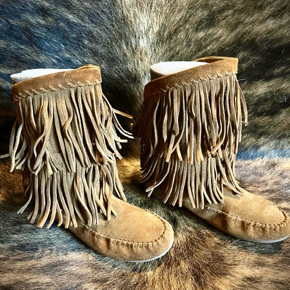 Minnetonka Shoes - Minnetonka Brown Suede Double Fringe Tall Boots. Handmade. Size 7